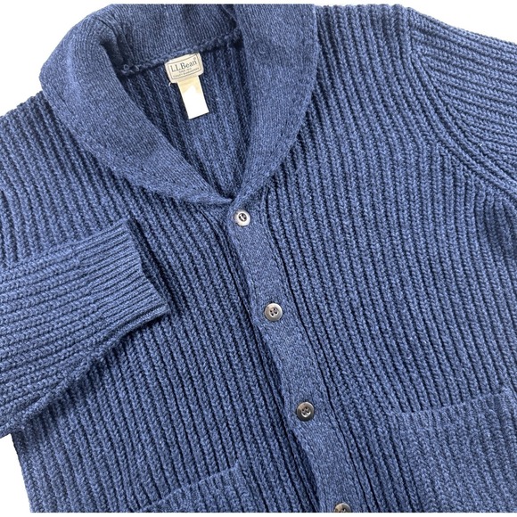 LL Bean Classic Ragg Wool Cardigan Sweater Lambswool Shawl Collar Mens XL Navy - Picture 1 of 8